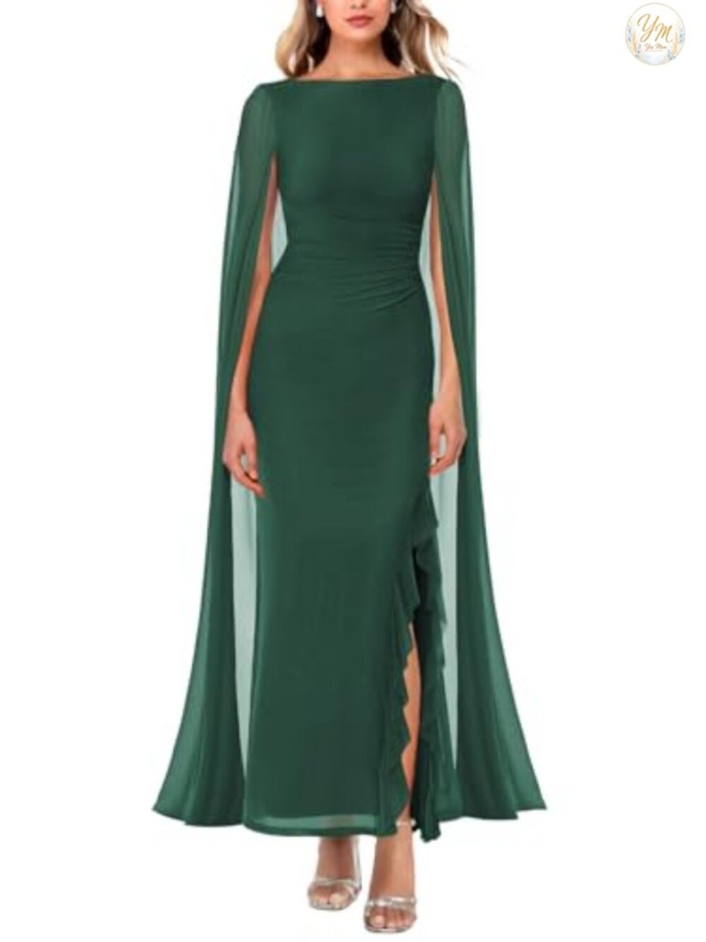 Women's Long Sleeve Off Shoulder High Split Mesh Ruched Bodycon Maxi Dress Cape